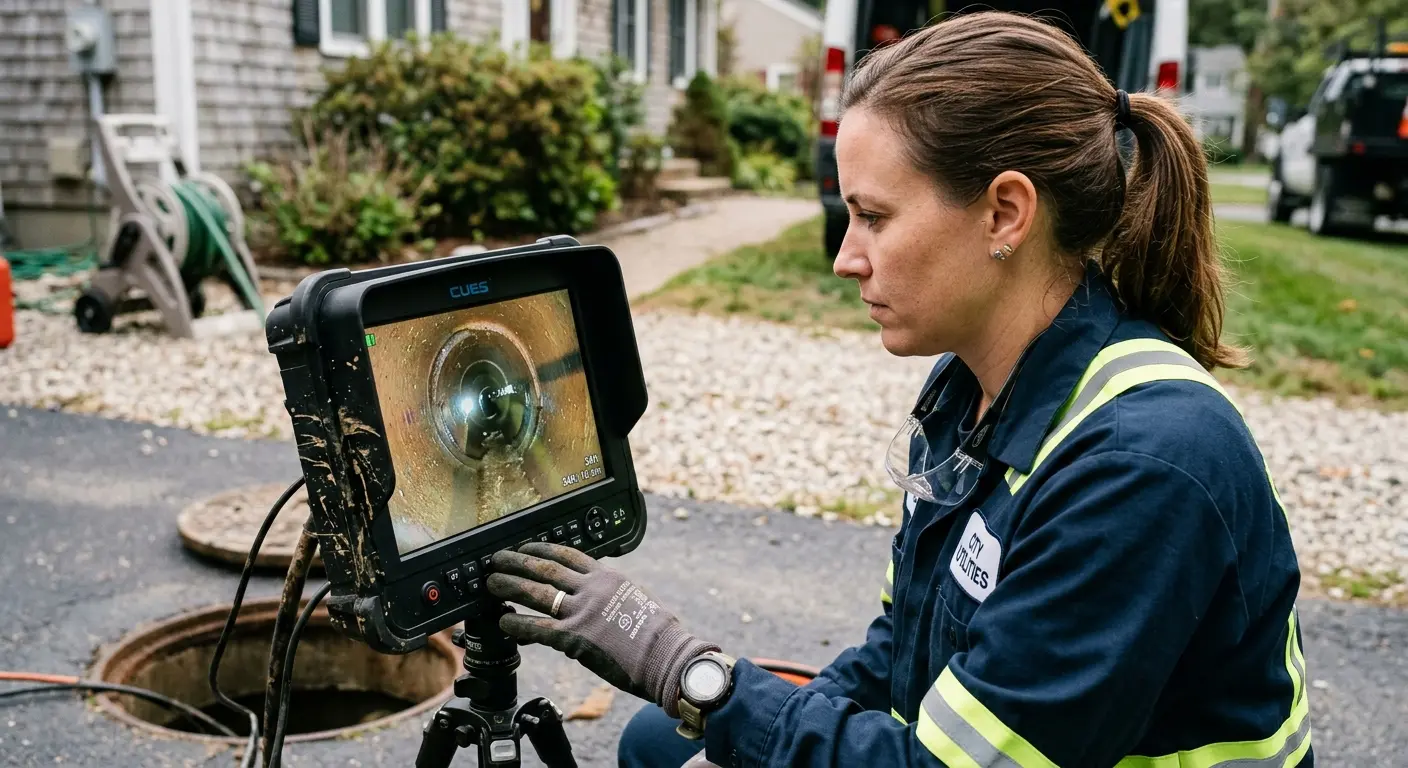 Technician reviewing sewer camera inspection footage in Fitchburg
