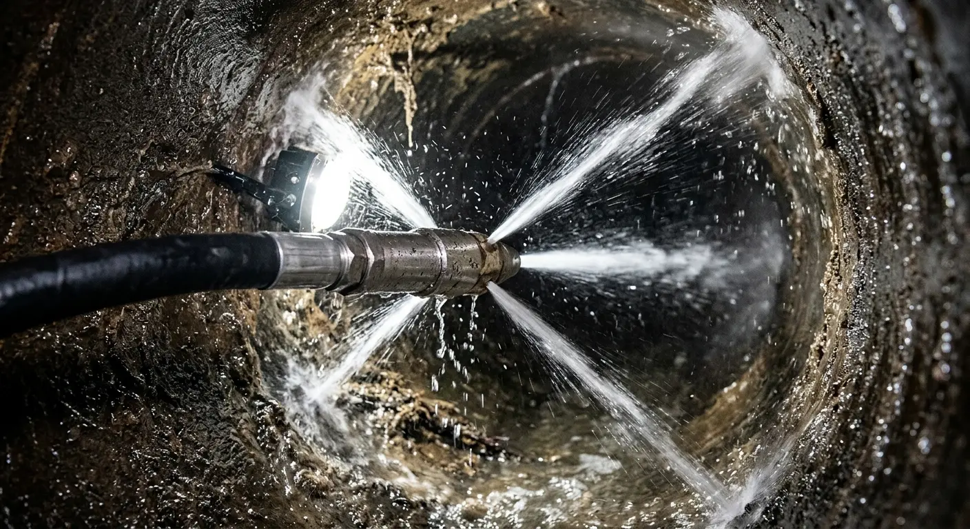 High-pressure hydro jetting nozzle cleaning sewer pipe for Sewer Cleanout in Fitchburg