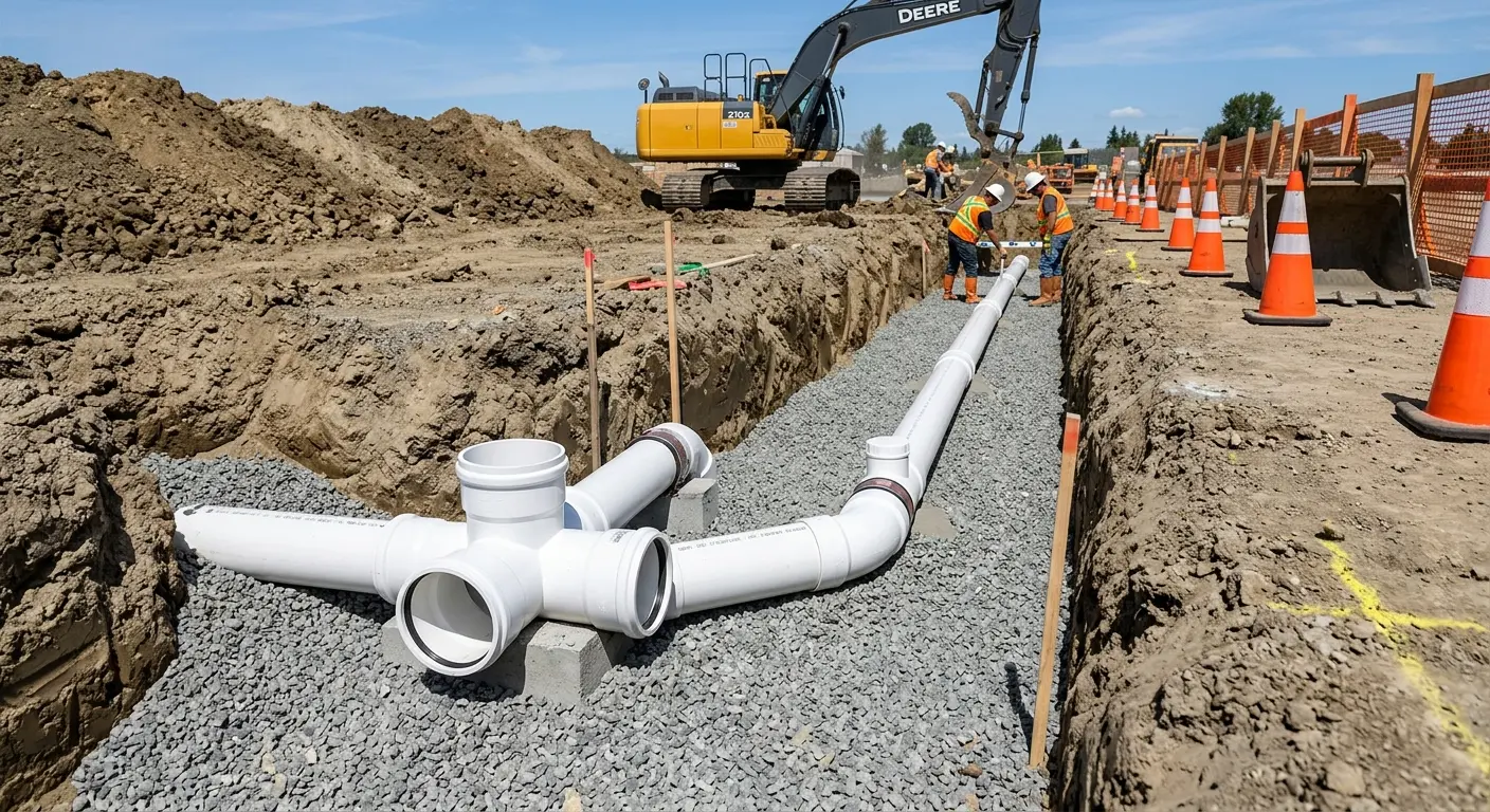 New PVC sewer pipe installation in open trench for Sewer Backup in Fitchburg
