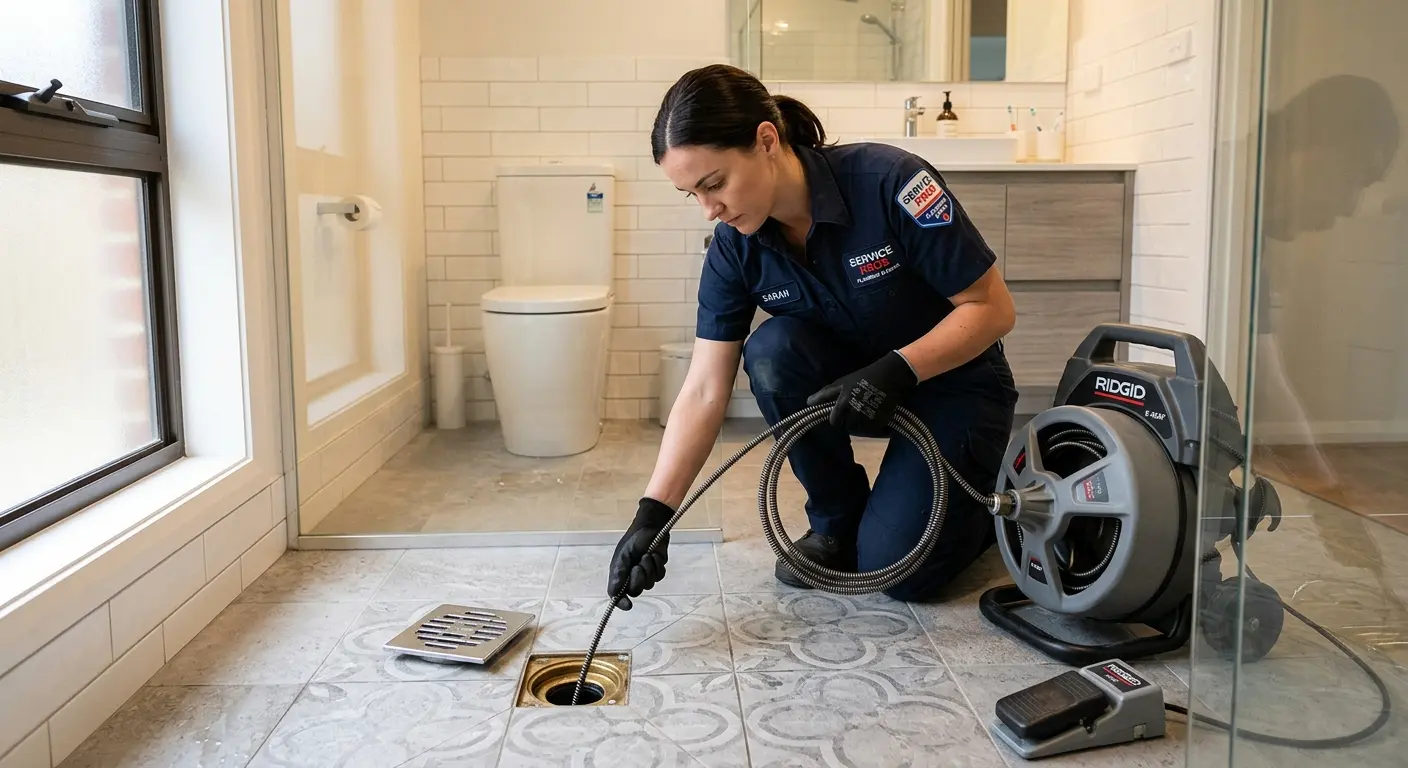 Technician clearing a bathroom floor drain for Sewer Line Replacement in Fitchburg